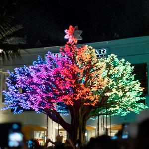 LED tree with lights lit rainbow