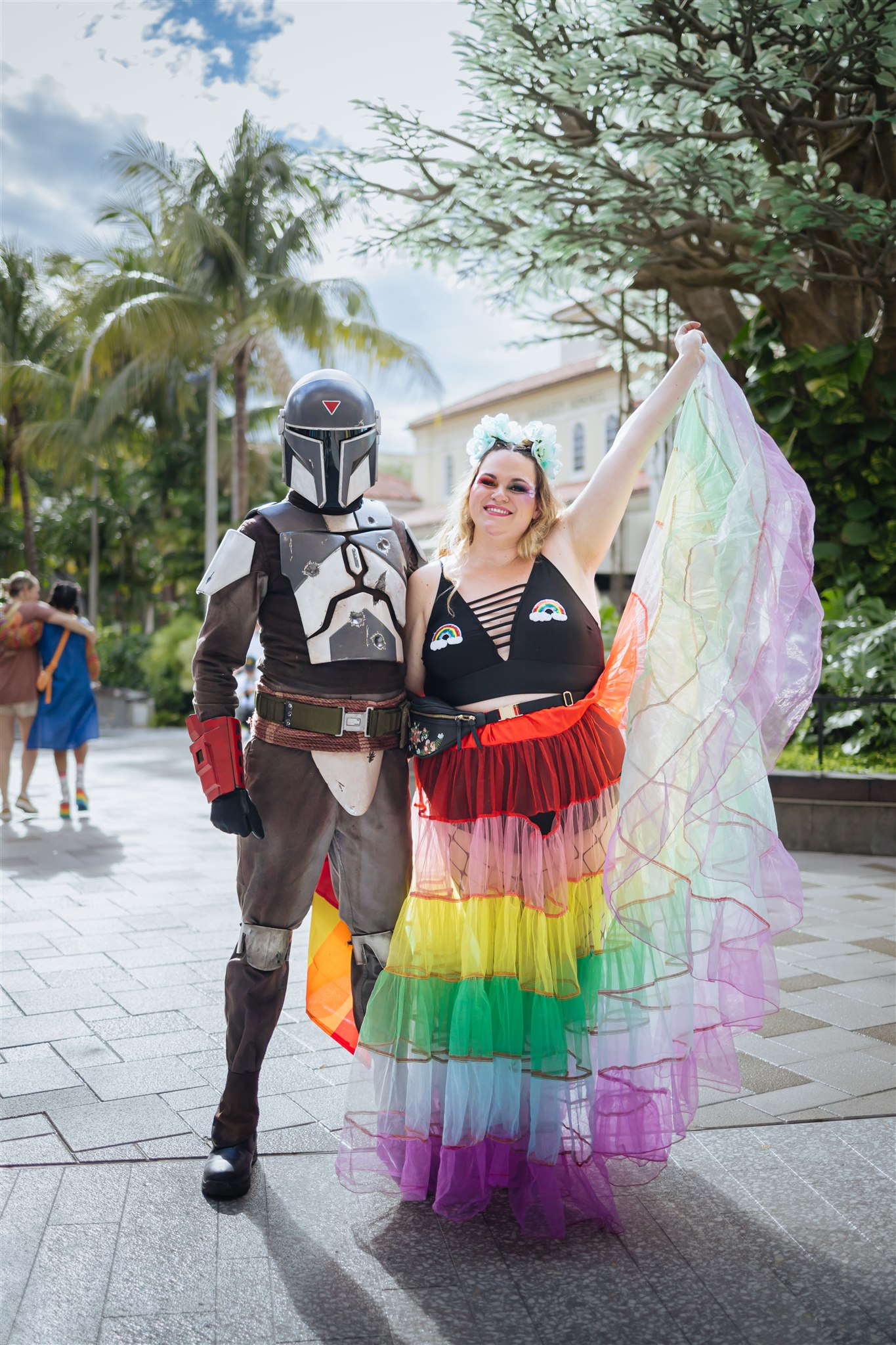 Two people dressed up for Pride 