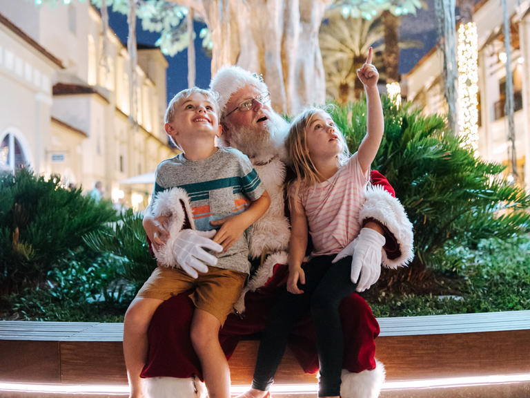 santa and two children in his lap sit in front of the wishing tree