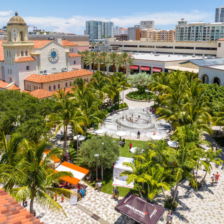 Aerial view of grass and fountain 