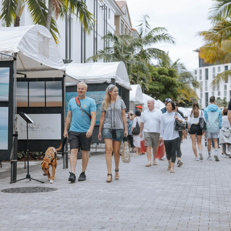 Couple holding hands and walking their dog down the road 